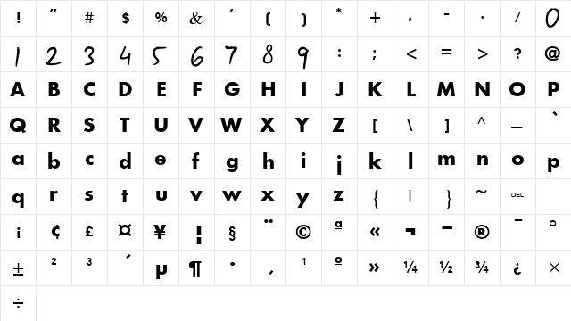 Aharoni Bold  glyph index