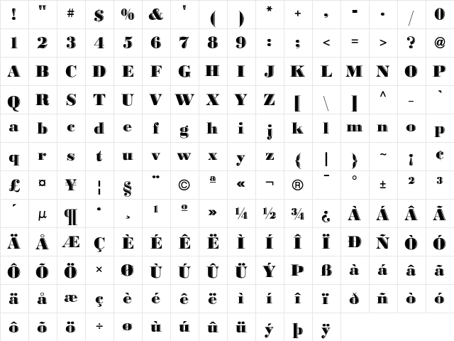 BodoniHighlightICG Regular  glyph index