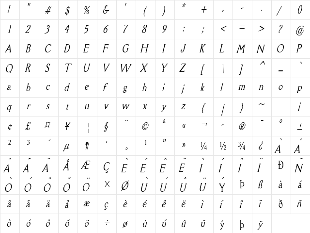 Rory Thin Italic  glyph index