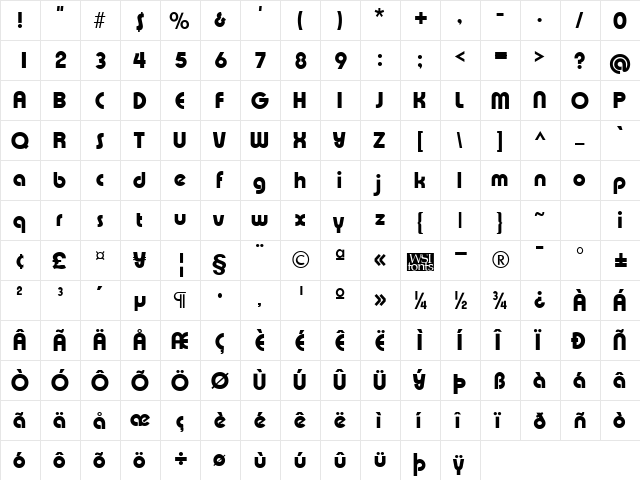 XpressiveHeavy Regular  glyph index