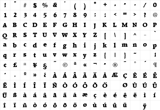 RaleighH Bold  glyph index