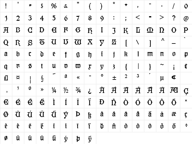 KuenstlerGotisch Regular  glyph index