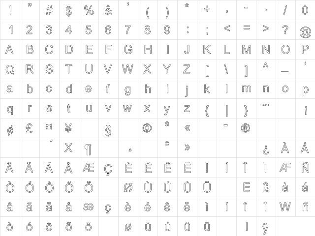 Dixon Hollow Regular  glyph index