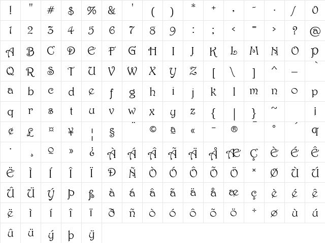 Harrington Regular  glyph index