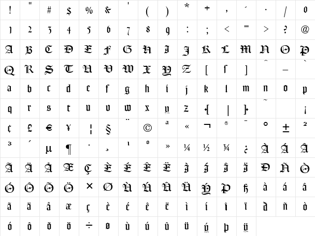 Frederick Text Regular  glyph index