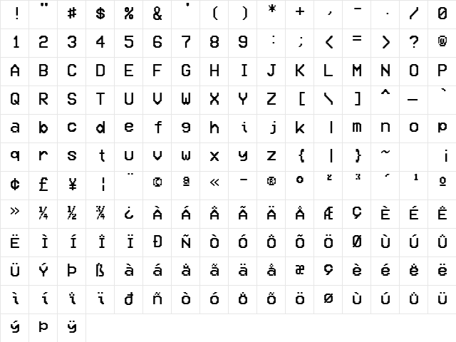 VCR OSD Mono Regular  glyph index