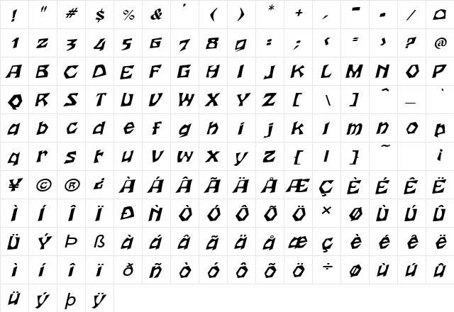 WoodcutExtended Italic  glyph index