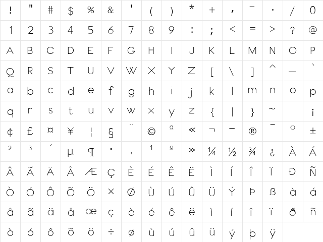 CadetSSK Regular  glyph index