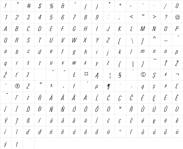 UnitusDEELigCon Italic  glyph index