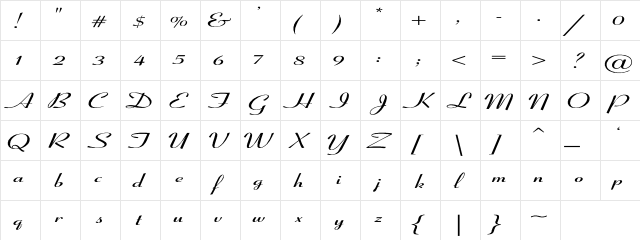 Coronet-SemiBold-Italic Ex Regular  glyph index
