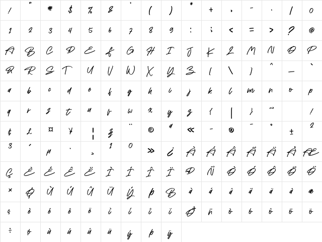 Belisha Regular  glyph index
