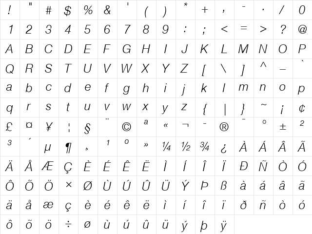 Helvetica 45 Light Italic  glyph index