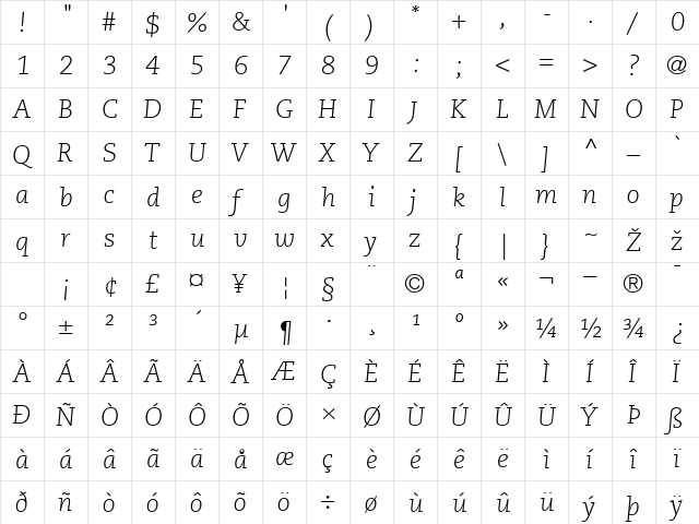 Caecilia LT LightItalic Regular  glyph index