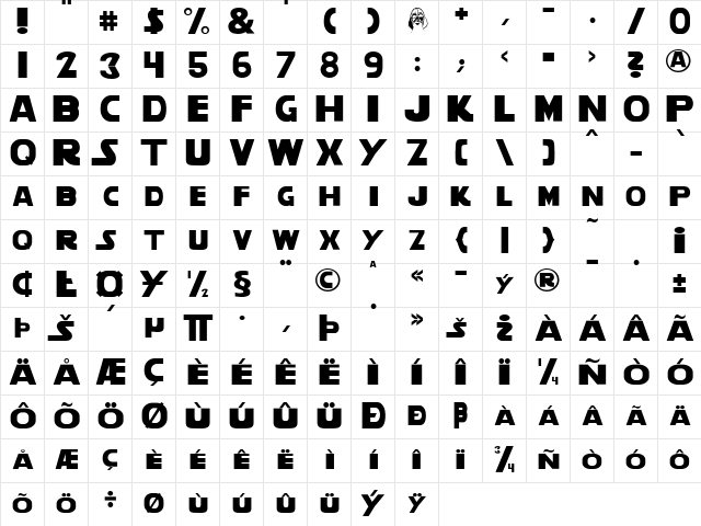 StarVader Regular  glyph index