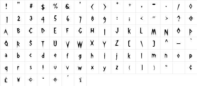 Pick Ax Regular  glyph index