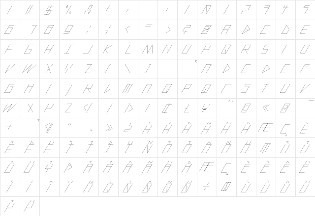slanted ITALIC shift Thin  glyph index