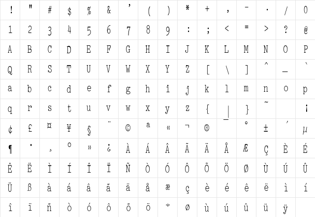 PicaCondensed Regular  glyph index