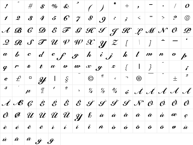CursiveElegant Normal  glyph index
