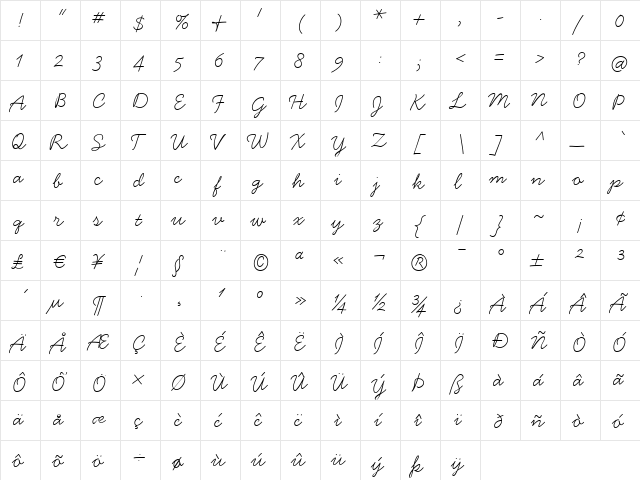 Handsome Light  glyph index