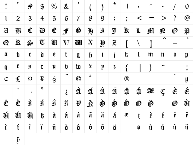 Diploma Regular  glyph index