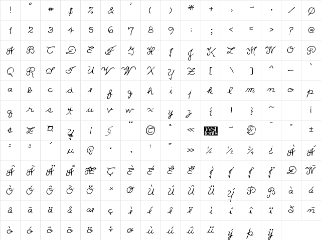 QuestsHand Regular  glyph index