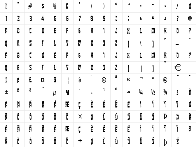KosherThin Bold  glyph index
