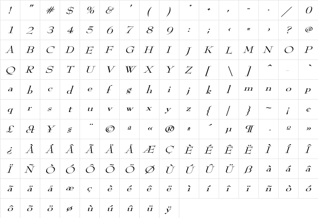 ReedFont Wd italic Italic  glyph index