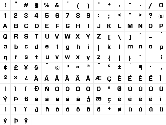 Forza Bold Regular  glyph index