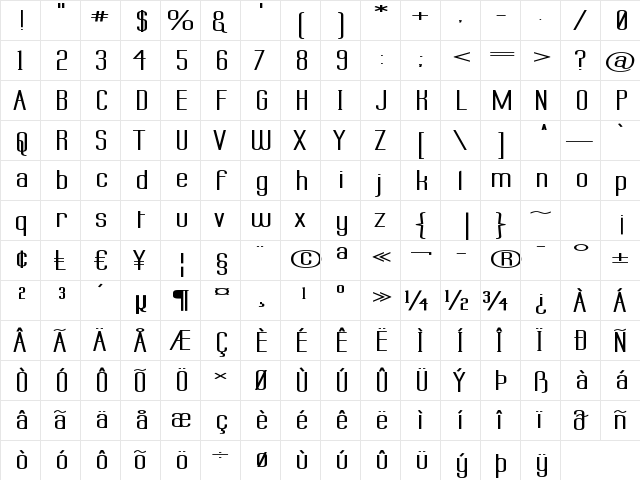 Labtop Superwide Boldish Regular  glyph index