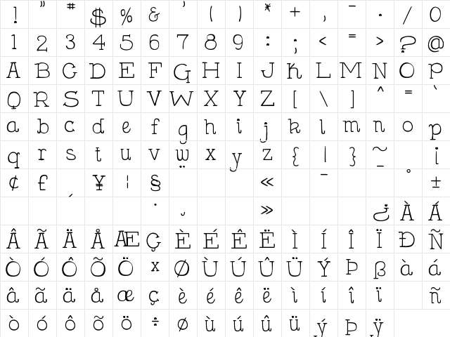 DJB Holly Serif Regular  glyph index