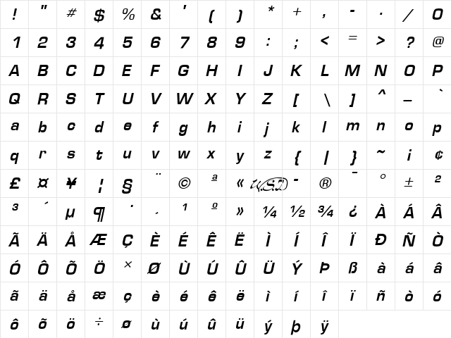 Eurose Regular  glyph index
