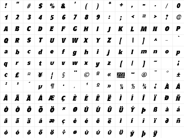 CurvacBlack Italic  glyph index