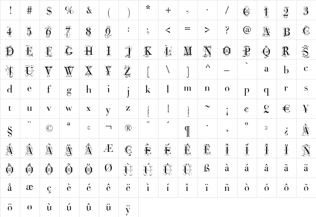 BodoniClassicDecoRoman Regular  glyph index