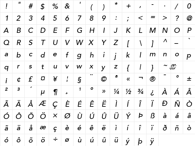 Expo Book SSi Medium Italic  glyph index