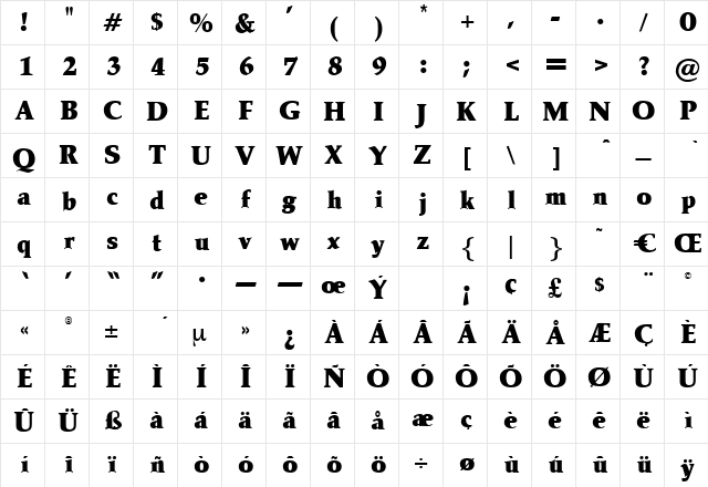 UnionPacificBlack Regular  glyph index