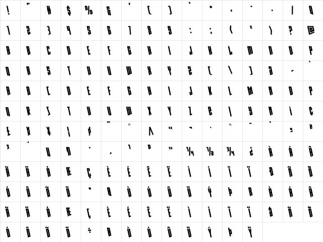 Rhinoclops Leftalic Regular  glyph index