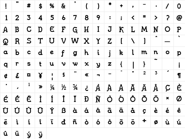 JennerikInfmlXBold Regular  glyph index