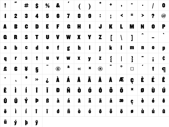 Knockout Medium  glyph index