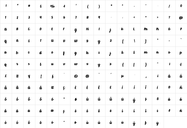 Dusty Velvet Regular  glyph index