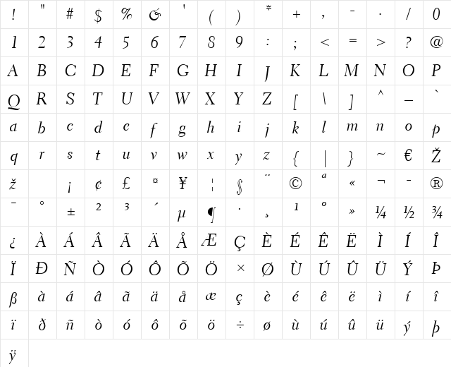 Electra LT Display Italic  glyph index