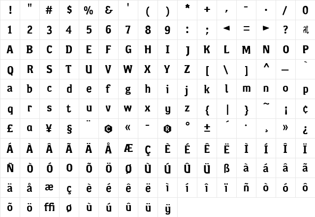 Cornwall Bold  glyph index