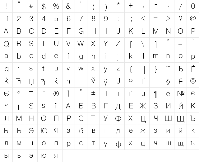 PragmaticaLightCTT Regular  glyph index