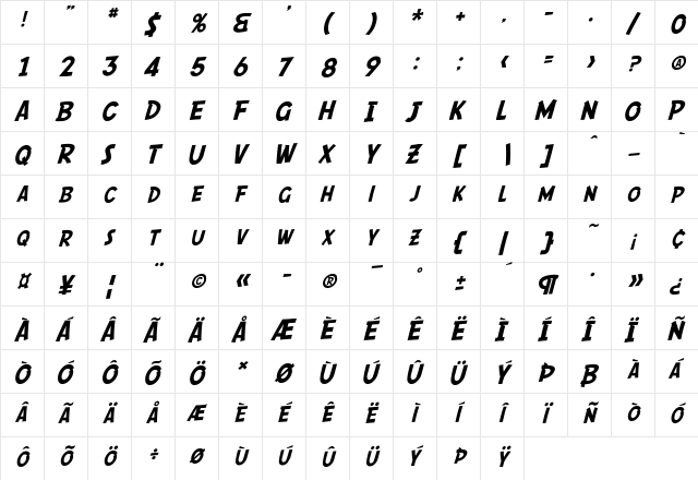SF Comic Script Regular  glyph index