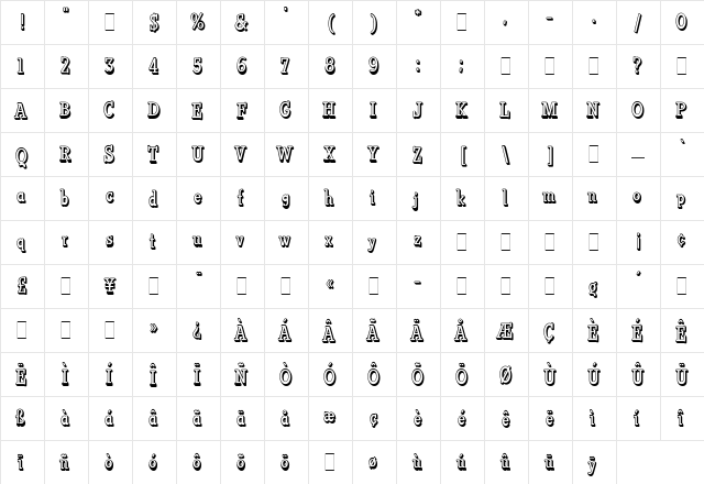 Vermont Regular  glyph index
