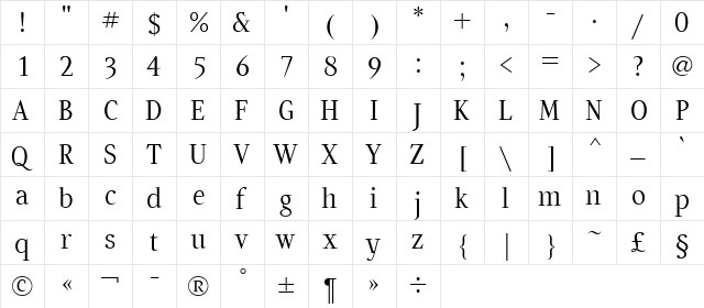 Artemius Light TT Regular  glyph index