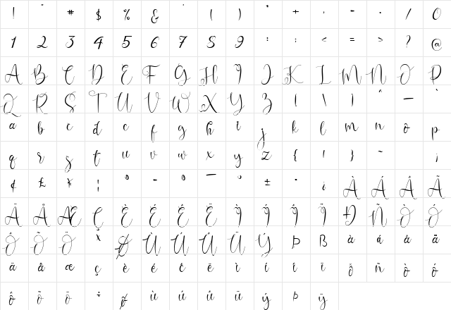 Dear Natasha Regular  glyph index