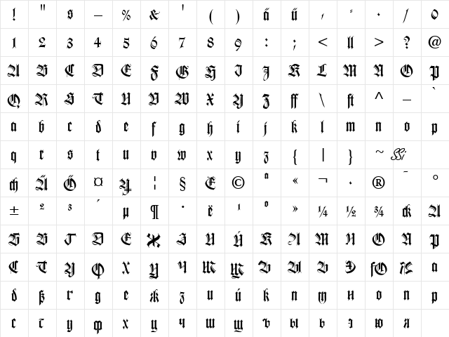 Wilhelm Klingspor Cyr Regular  glyph index