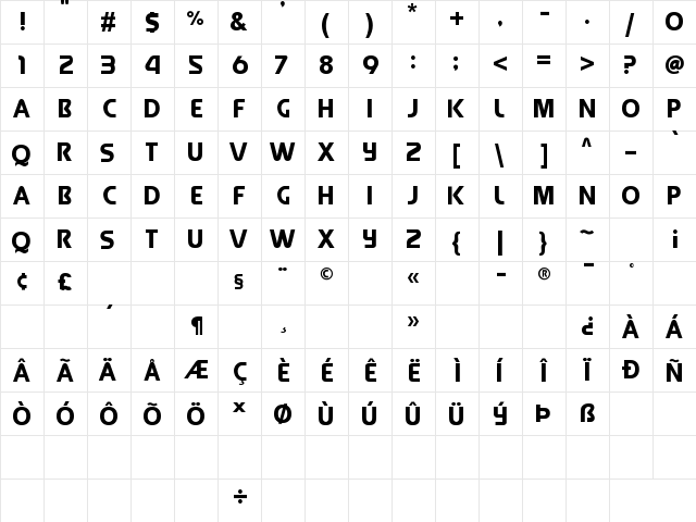 Queen of Camelot Regular  glyph index