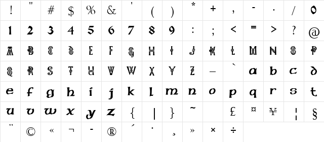 Pauls Celtic Font 1 Regular  glyph index
