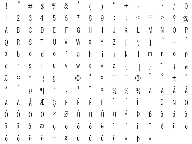 GrotesqueMT-CondensedLight Light  glyph index